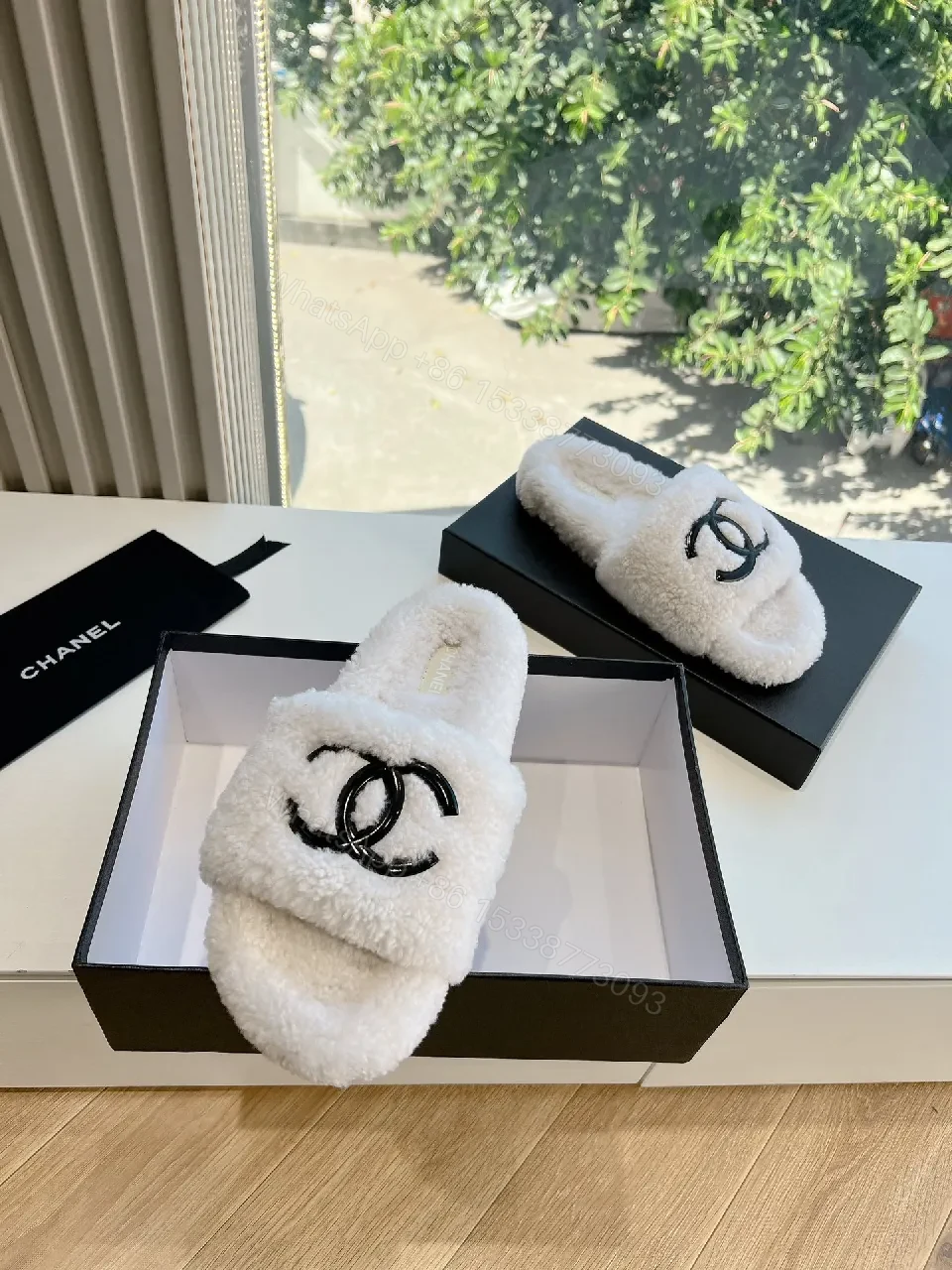 View 2 of White Fuzzy Slides with Logo Detailing, Luxe Comfort Slide