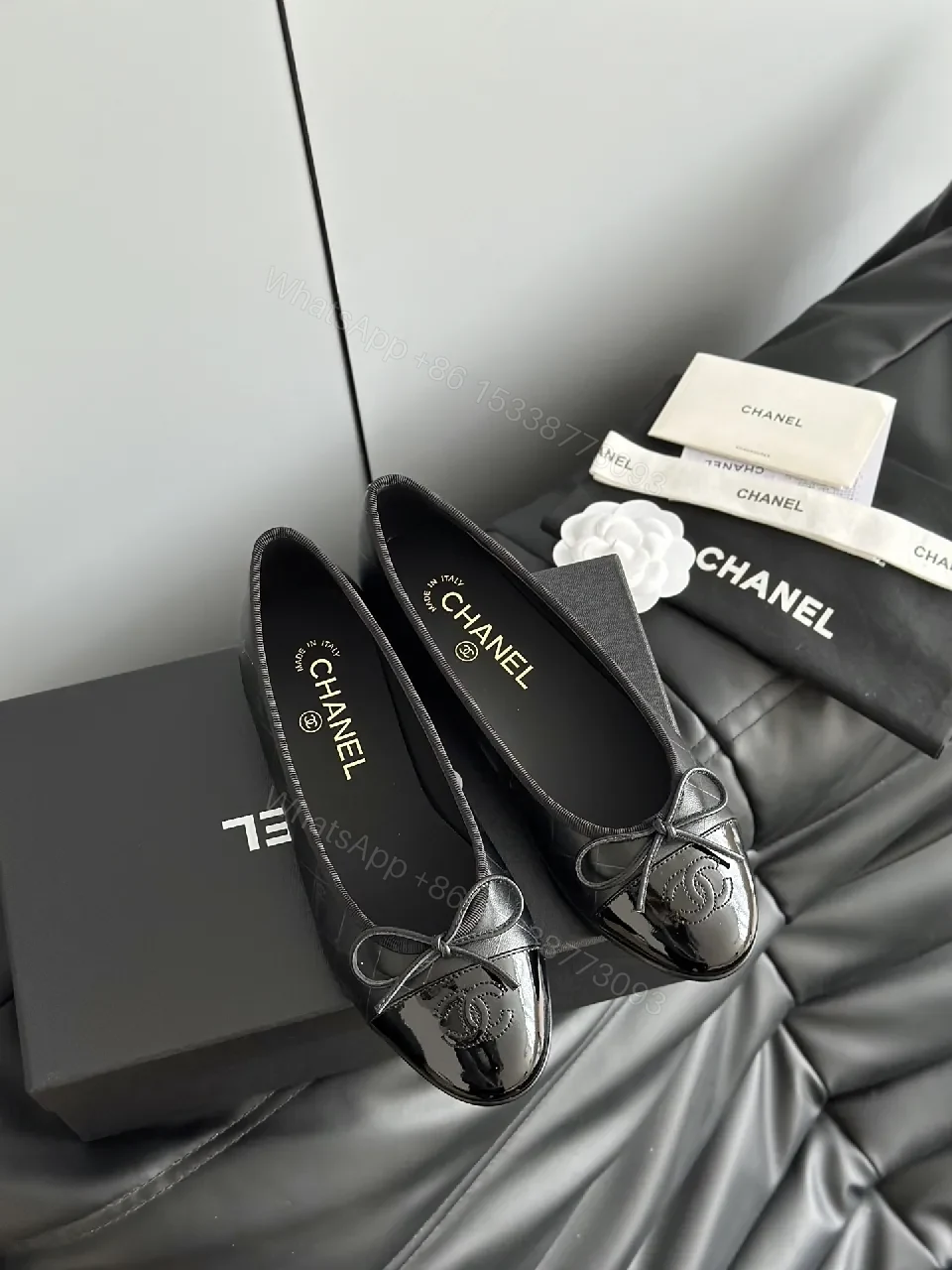 View 2 of Chic Patent Leather Ballet Flats with Bow Accent, Black