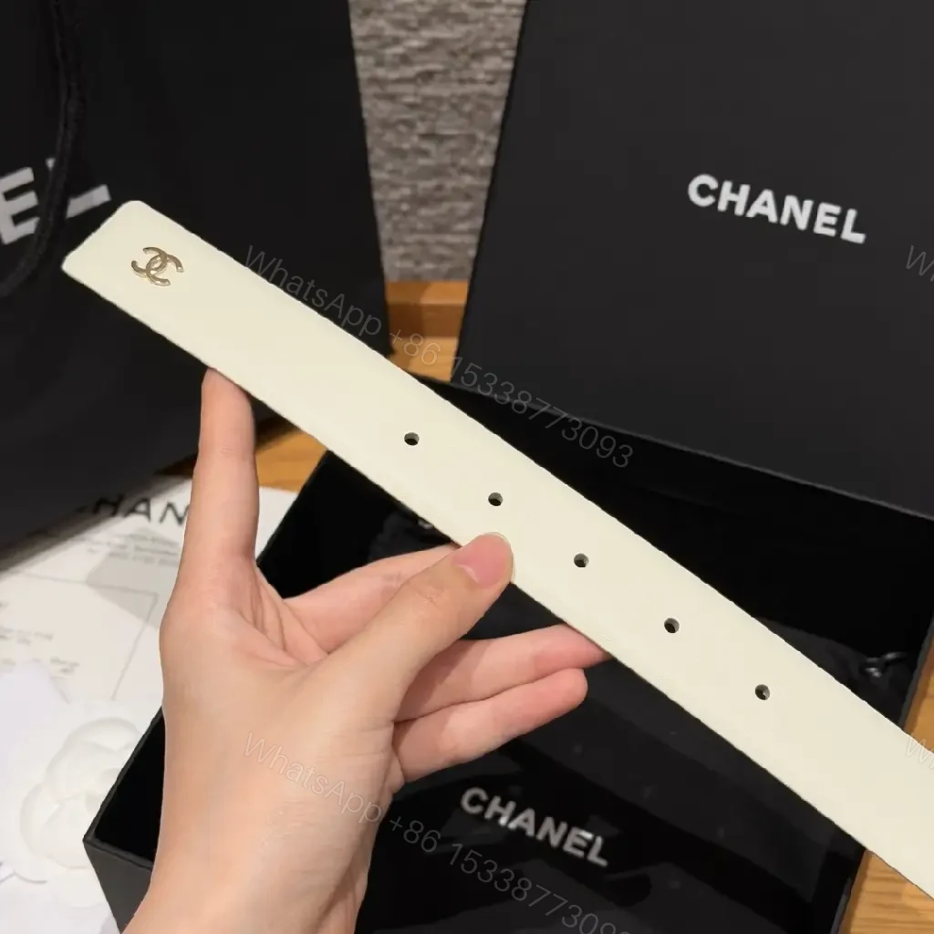 View 3 of White Leather Belt Gold Chain Buckle Modern Chic Chanel Logo Tag Belt