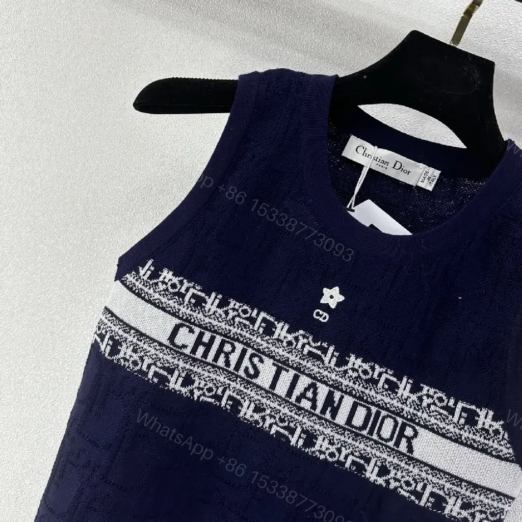 View 6 of Navy Cotton Tank Top with Dior Band Logo Knit