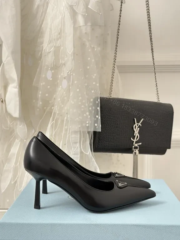 View 5 of Prada Black Leather Pumps â€“ Signature Triangle Logo, Pointed Toe