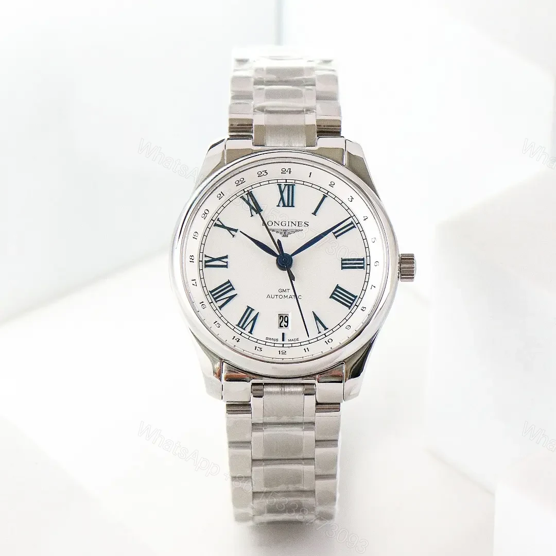 View 4 of Longines Master Collection Classic Re Edition GMT Watch White Dial Stainless Steel Bracelet 40mm Case Sapphire Crystal Italian Leather Strap Option