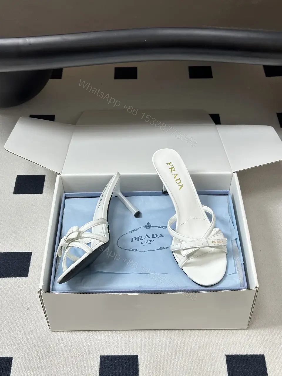 View 9 of White Leather Sandals Shoes with Knot Straps - Prada Style Heels