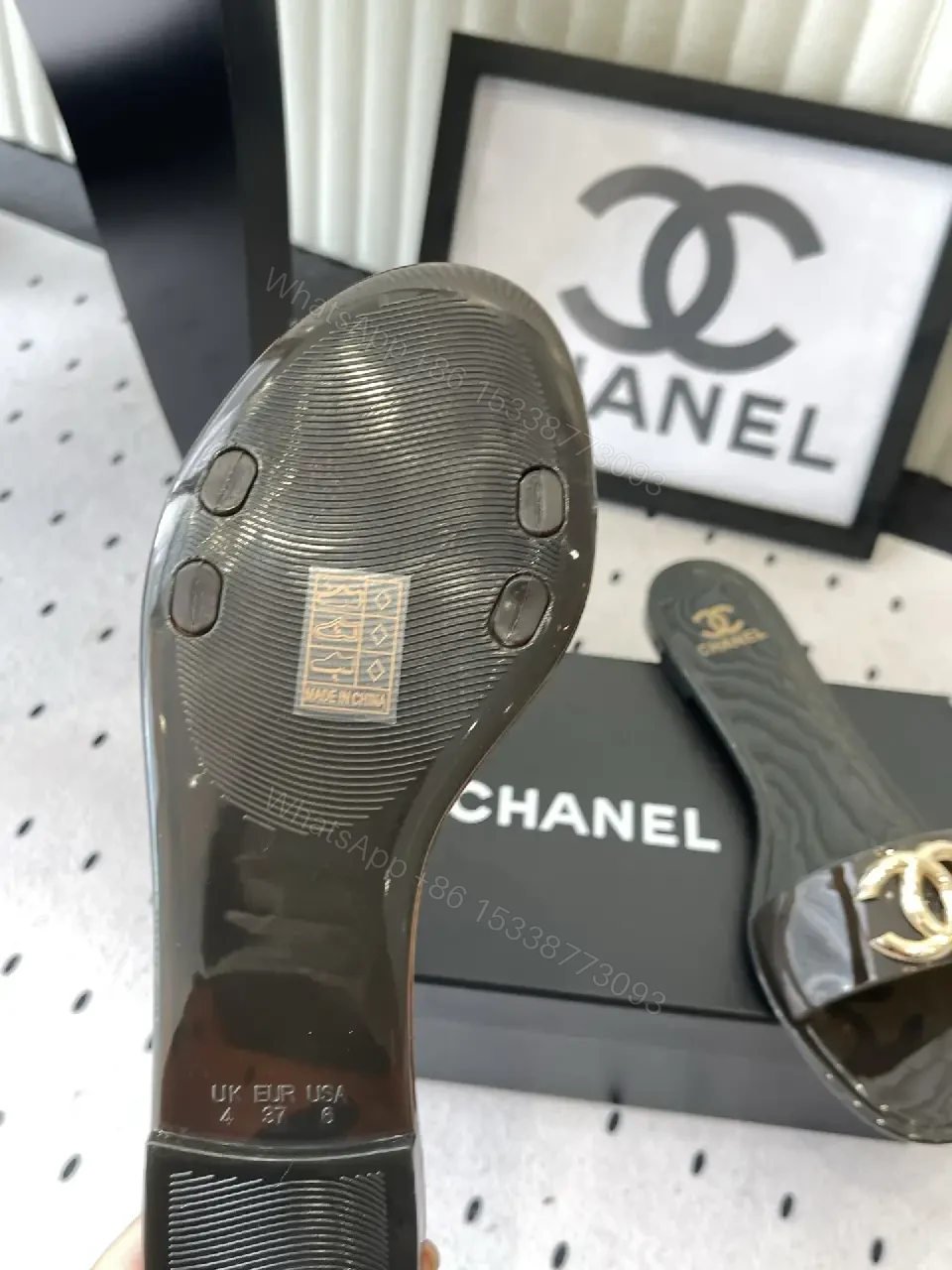 View 7 of Black Patent Leather Slides Gold Chanel Logo - Slide Sandals