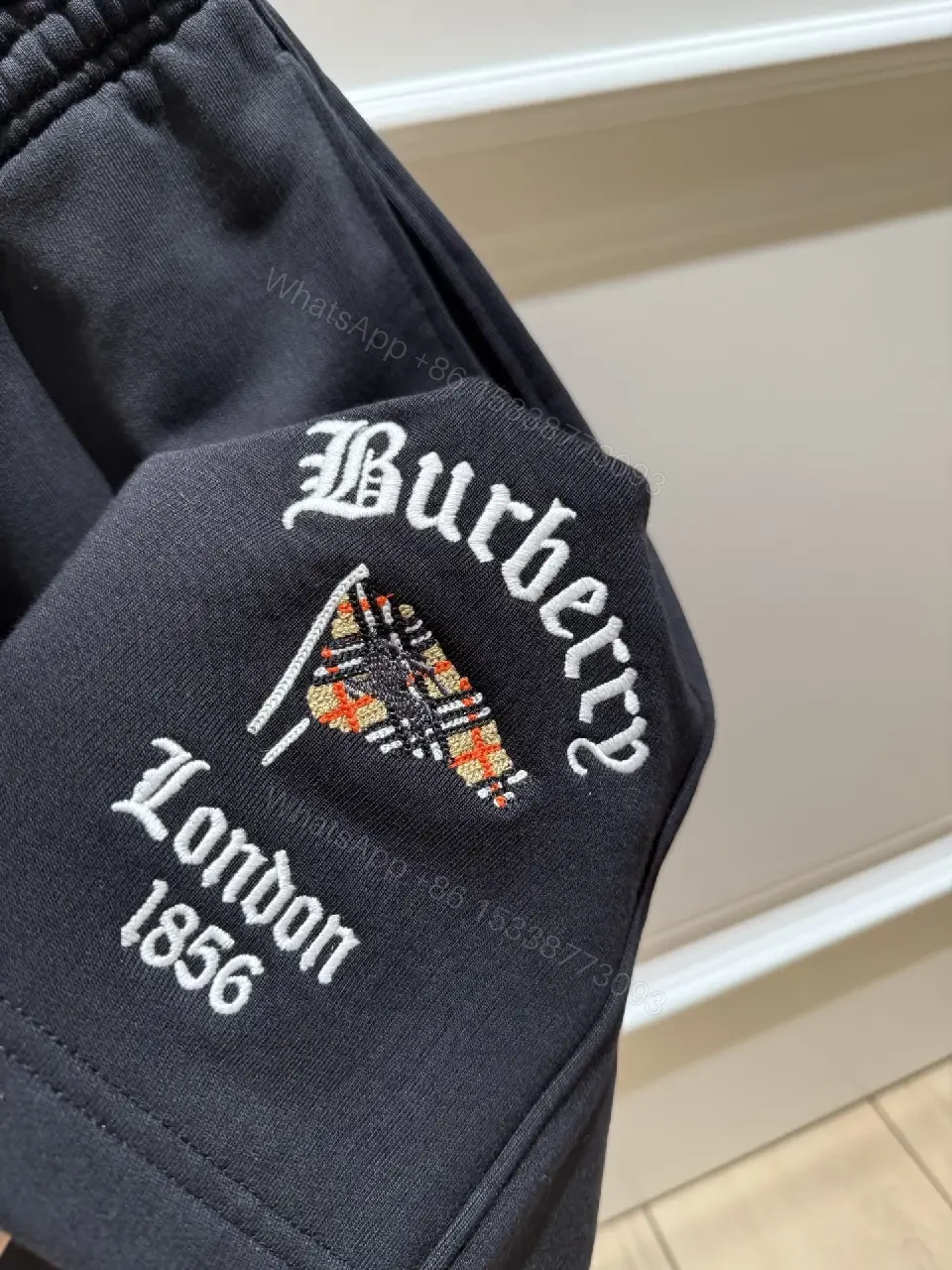 View 5 of Black Nylon Sweatshorts Drawstring Burberry Style Logo Embroidery Shorts
