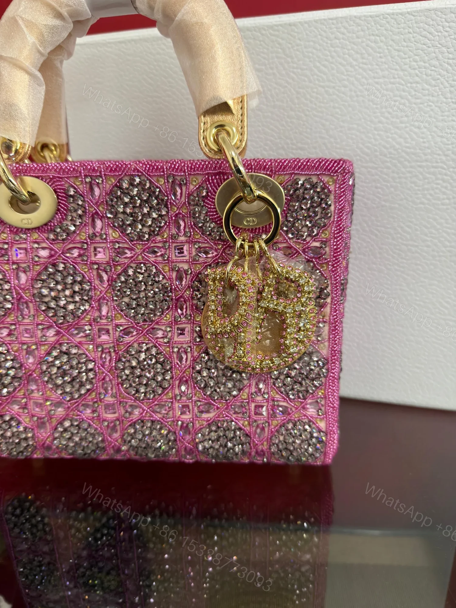 View 4 of LADY DIOR BAG Metallic Calfskin & Satin with Rose Des Vent