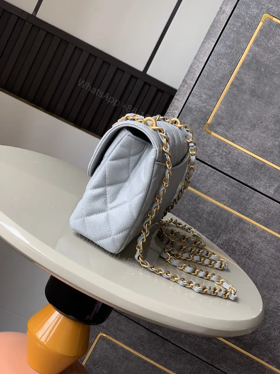 View 2 of Gray Quilted Classic Bag with Gold Chain, Structured Silhouette