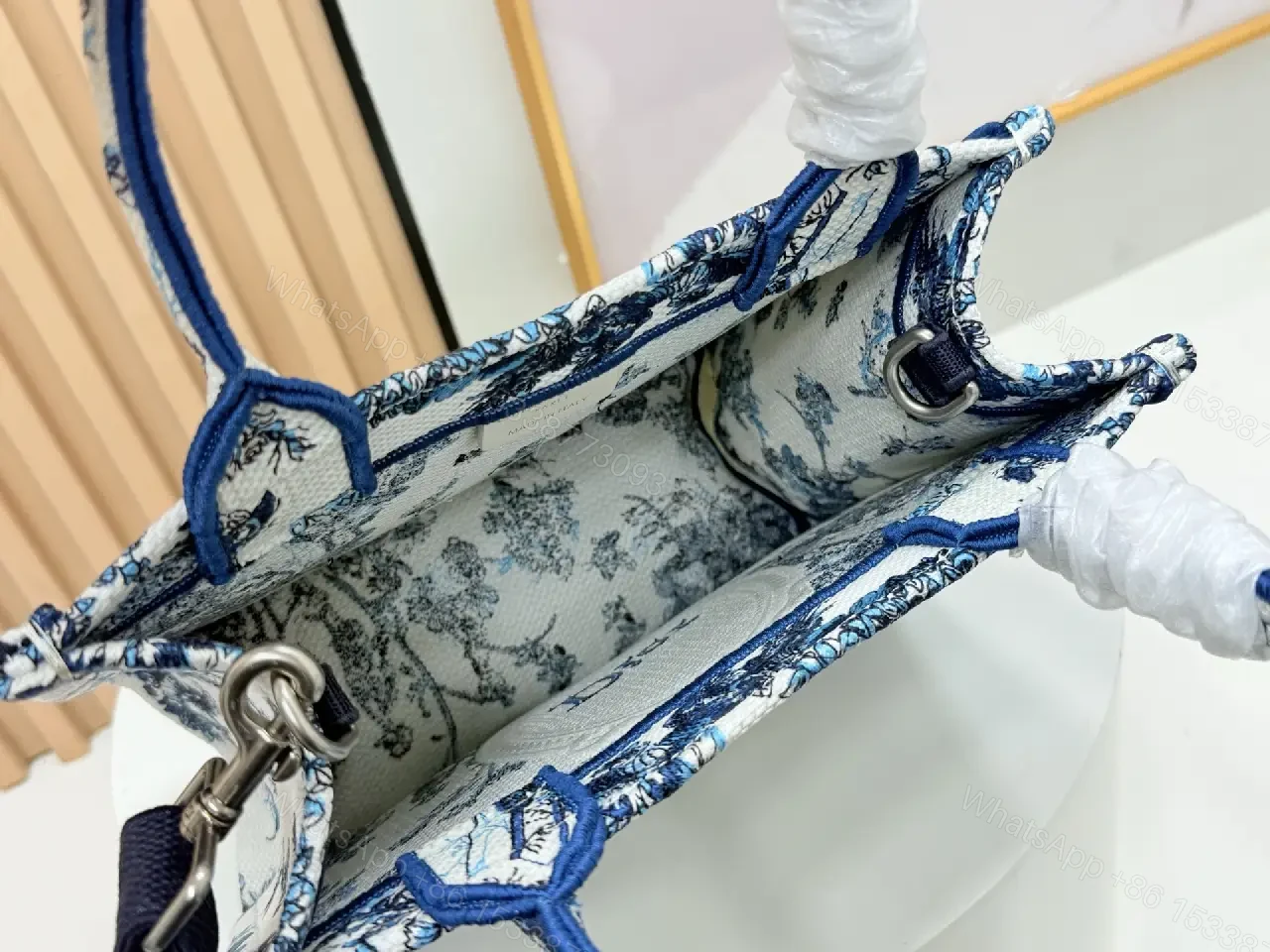 View 10 of Blue Canvas Handbag — Toile Crest Structured Crossbody Style