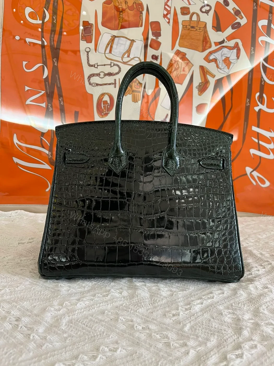 View 2 of Hermes Birkin 25cm Emerald Green Crocodile Leather Silver Hardware