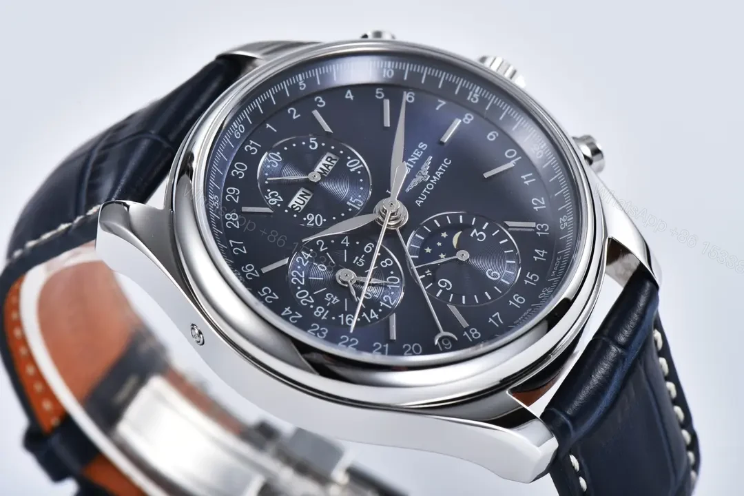View 4 of Longines Master Collection Moonphase Chronograph Watch 42mm Blue Dial Stainless Steel Case Leather Strap