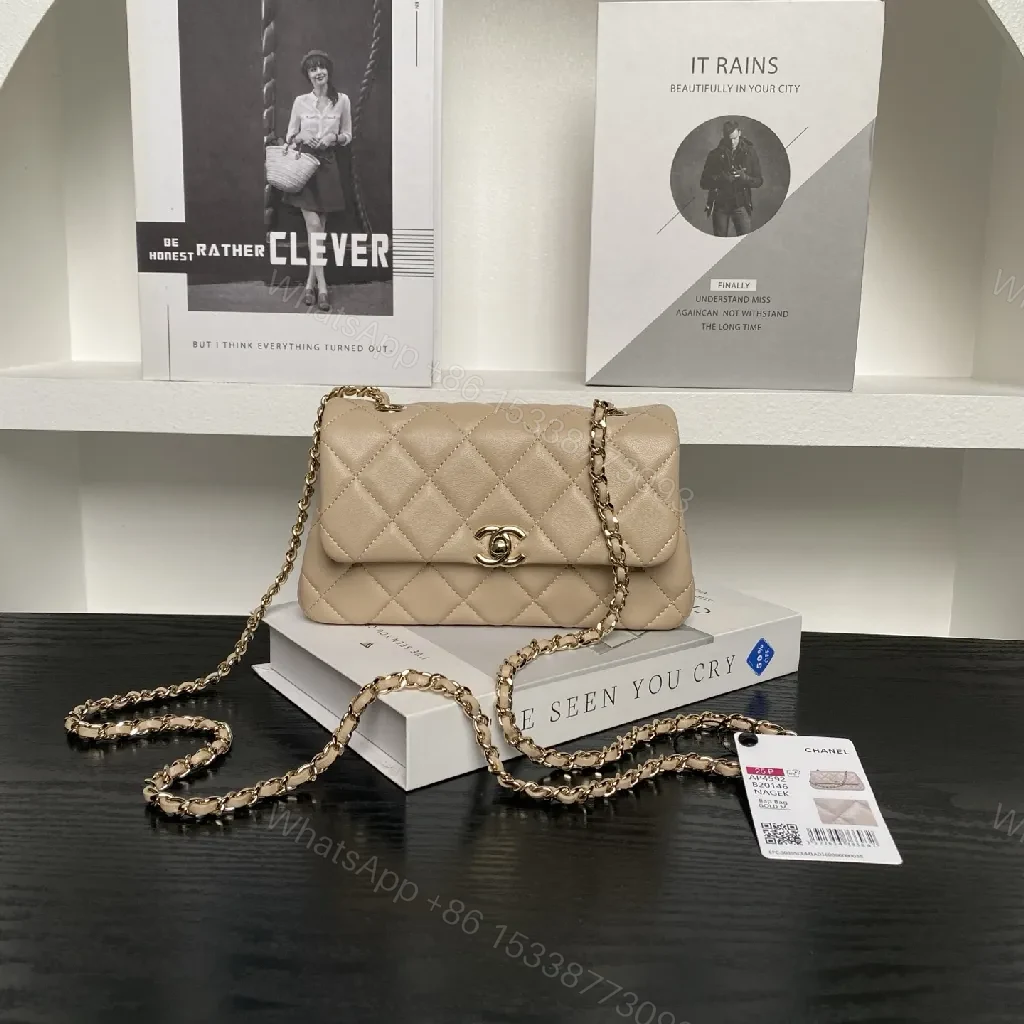 Toasted Beige Quilted Leather Shoulder Bag — Gold Chain, Compact Lux — view 1