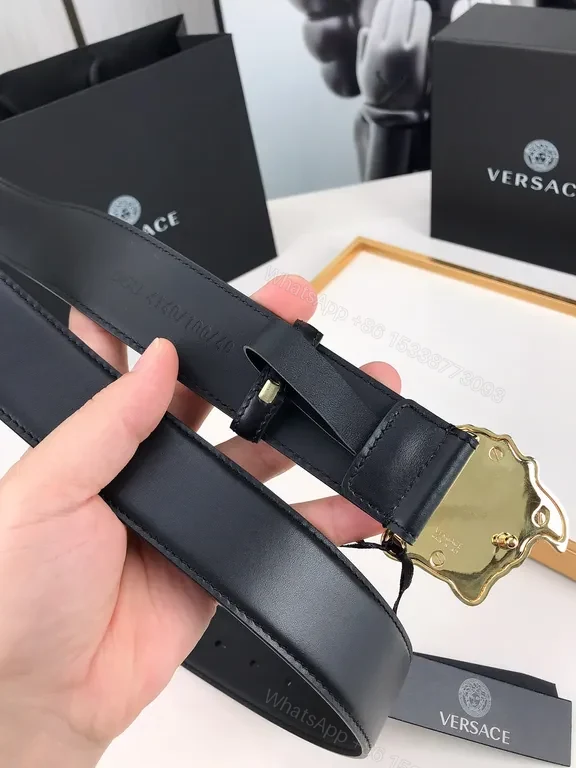 View 8 of Black Leather Belt with Gold Medusa Buckle - Lux, Versace-Inspired