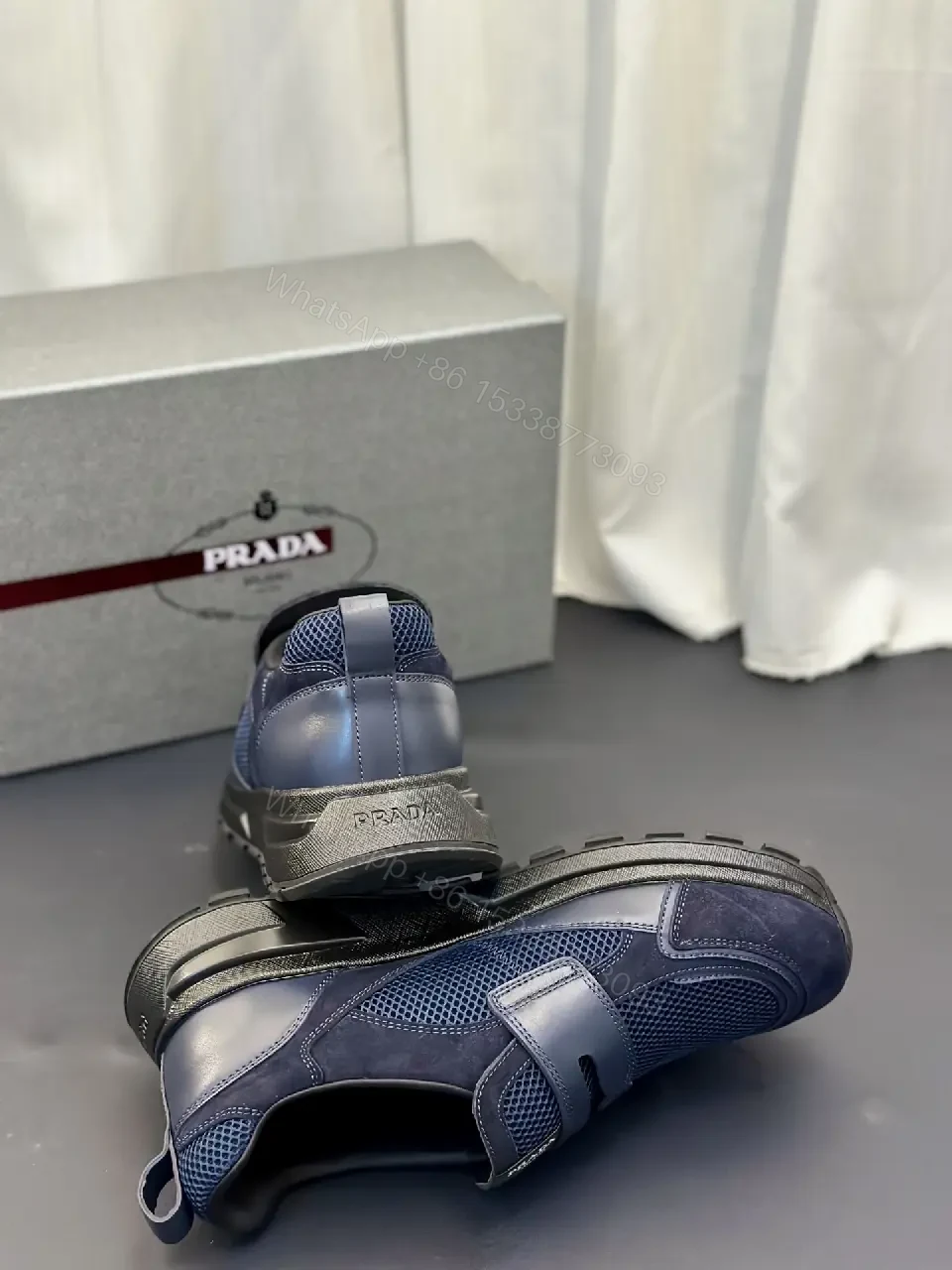 View 9 of Blue Mesh Slip-On Prada-Style Sneaker with Hook-and-loop Strap
