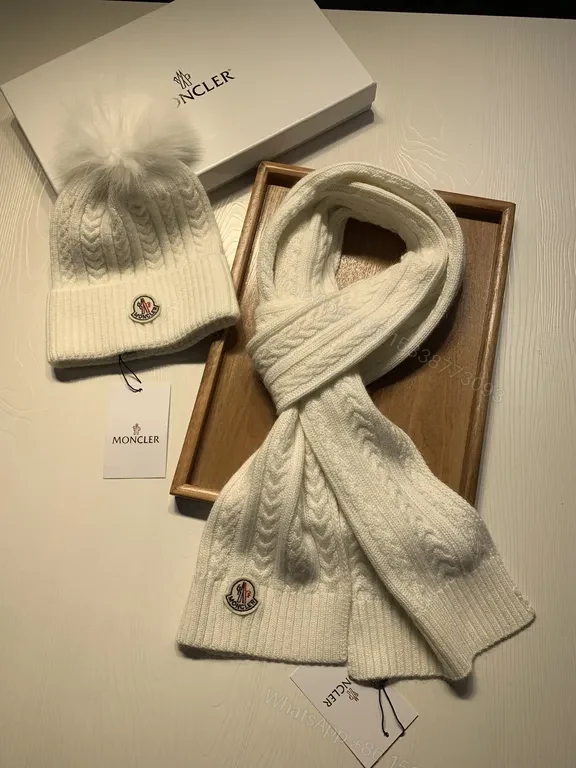Lux Knit Set: Cable Texture Beanie & Scarf, Ivory Moncler Style — view 1
