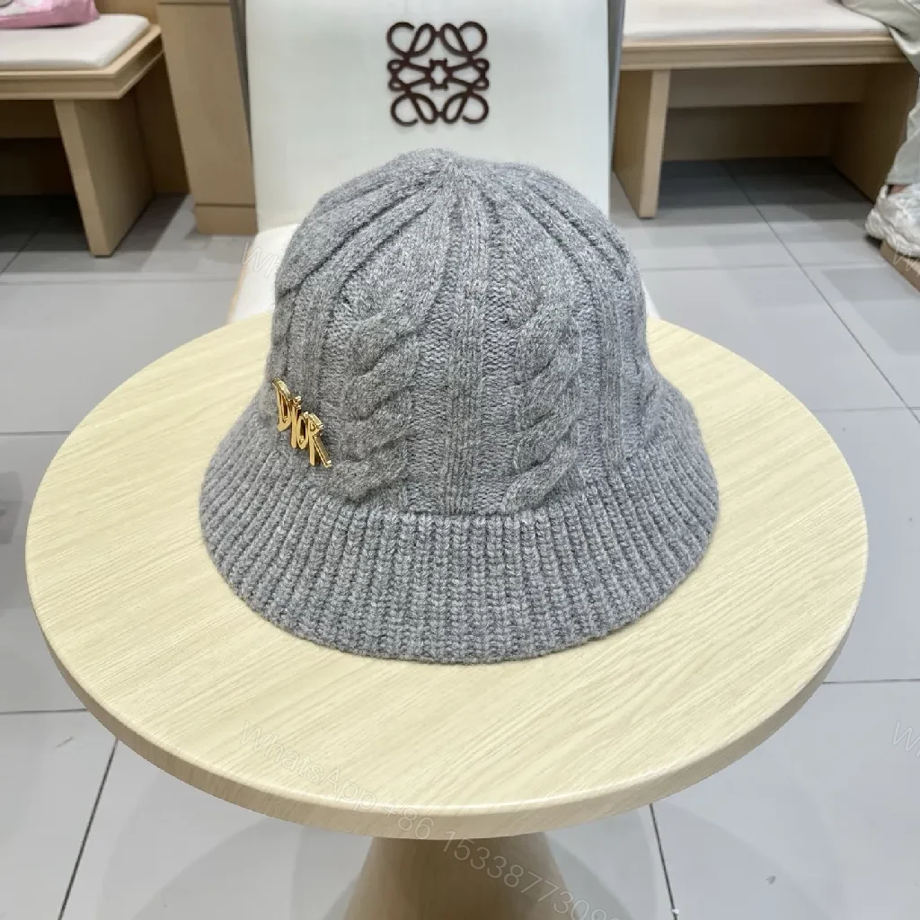 View 3 of Textured Wool Cap with Gold Logo Knit Hat, Grey, Luxury Style