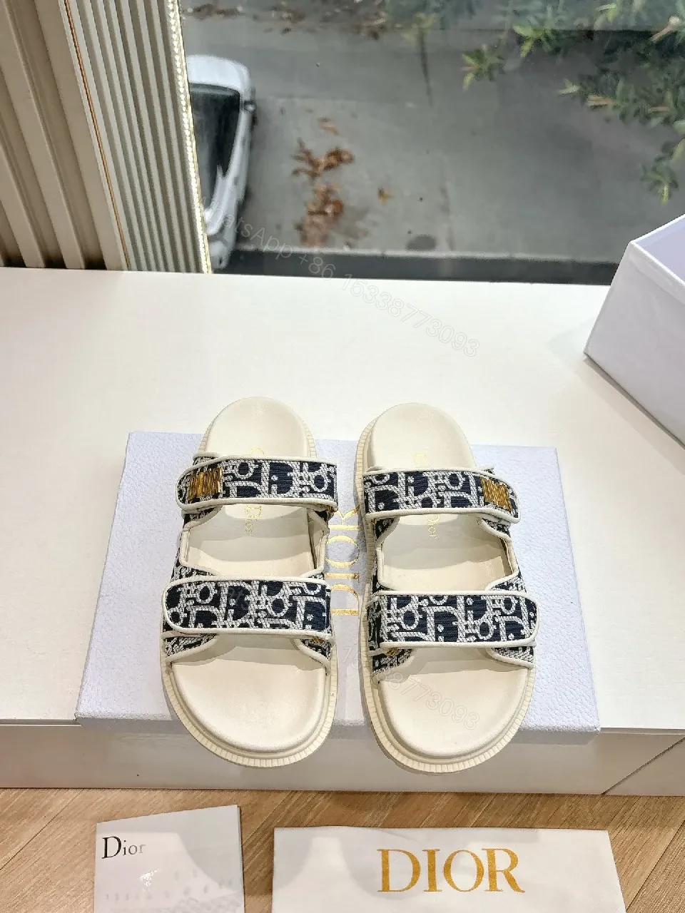 View 3 of Navy Ivory Patterned Platform Sandals with Logo Straps
