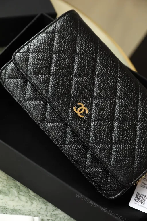 View 9 of Premium Quilted Wallet: Gold Logo, Caviar Leather, Compact Luxury