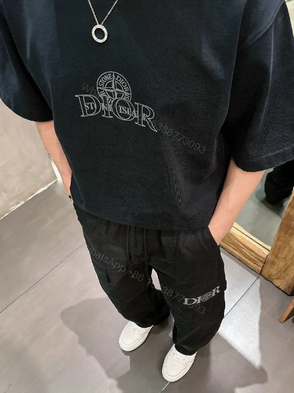 View 10 of Black Cargo Pants - Tactical, Smooth Fabric, Dior Logo Pocket, Relaxed Fit