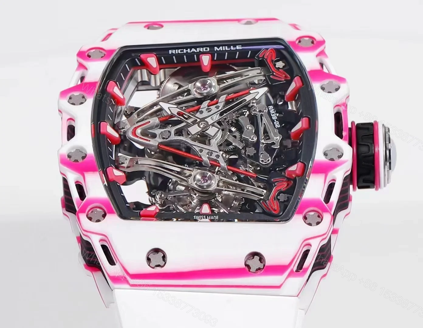 View 4 of Richard Mille RM38-02 Tourbillon Bubba Watson Watch Pink Quartz Carbon Fiber Skeleton Dial Golf Ball Inspired Manual Winding Movement RM38-02-BW-PQC-SK10