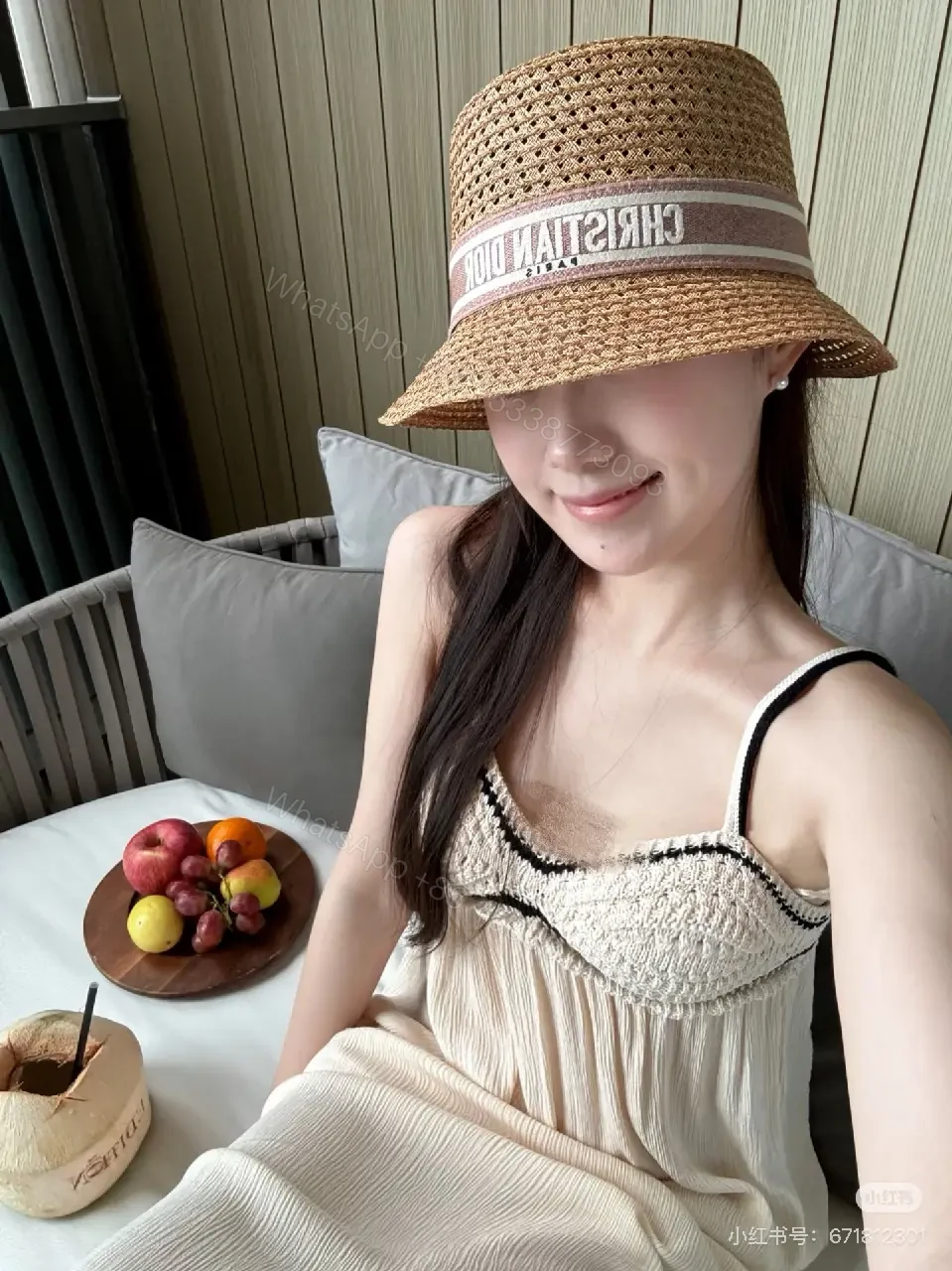View 4 of Tan Woven Straw Hat Bucket-Style Wide-Brim with Logo Band