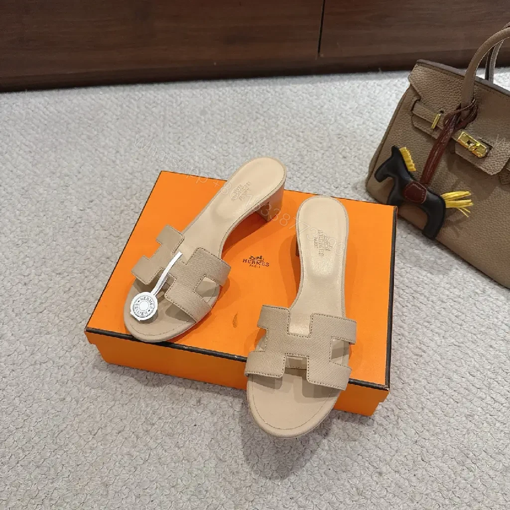 View 8 of Beige Leather Slide Sandals Hermès Style Comfort Shoes