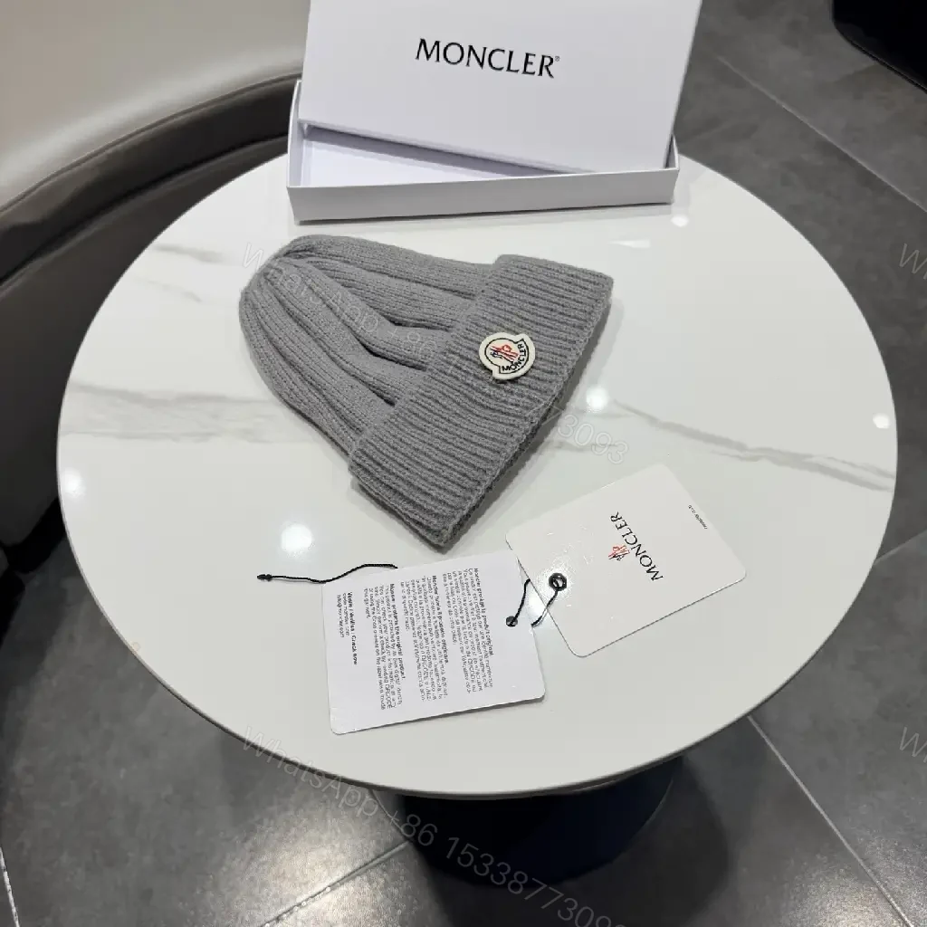 View 2 of Gray Knit Beanie, Moncler Crest, Luxury Streetwear Style, Warmth Ready
