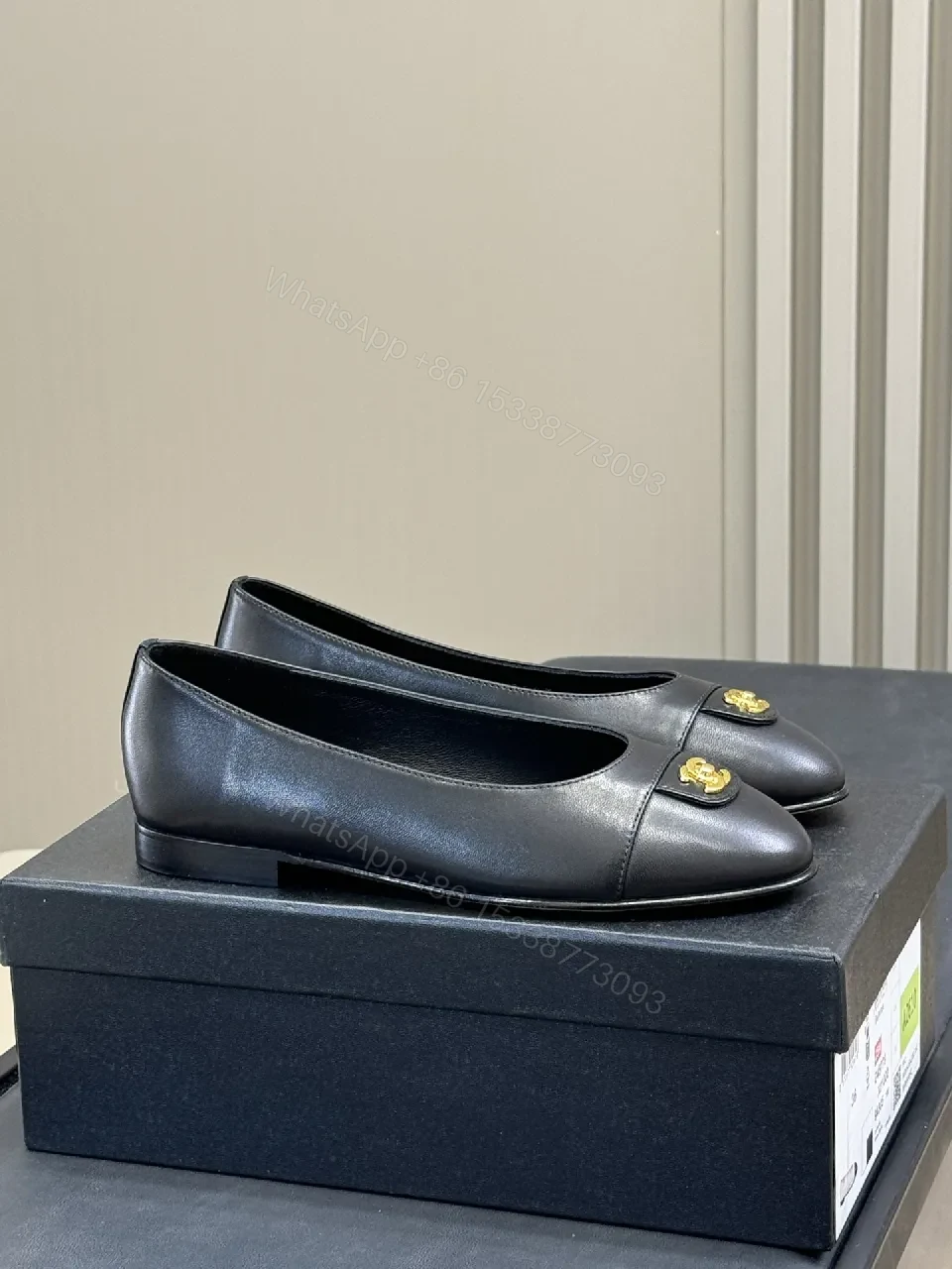 View 2 of Black Leather Ballet Flats with Gold Logo Detail, Comfortable, Dressy Style