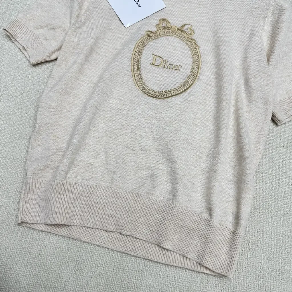 View 3 of Beige Cotton Knit Tee with Gold Crest Emblem