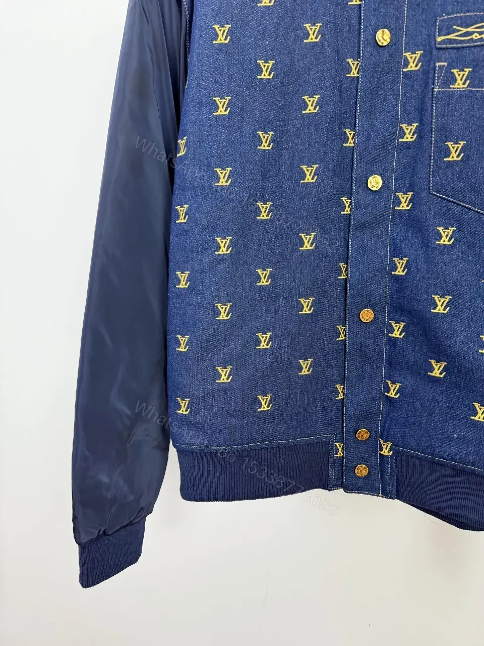 View 3 of Denim Bomber Jacket with Gold Monogram Detailing and Contrast Sleeves