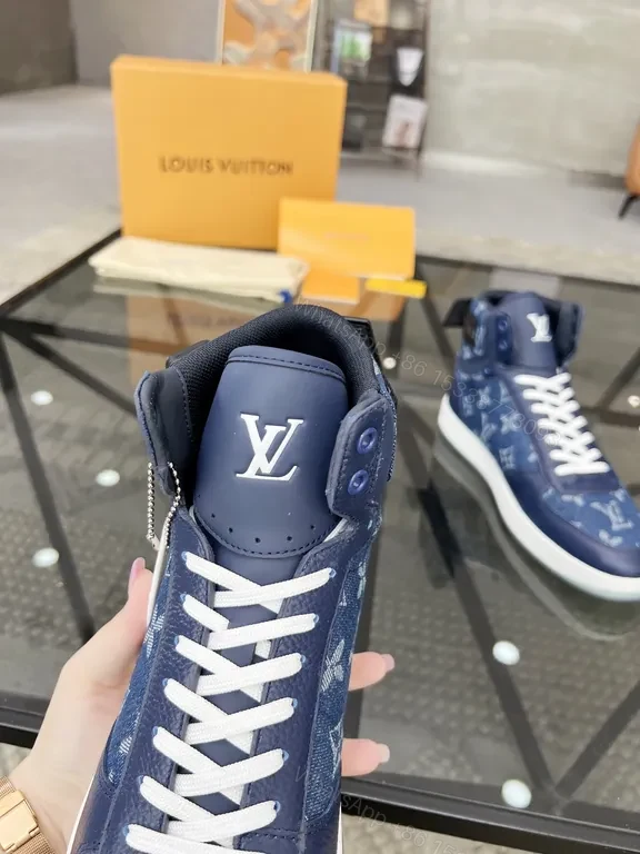 View 5 of Blue Denim High-Top Sneakers with Imitation LV Logo
