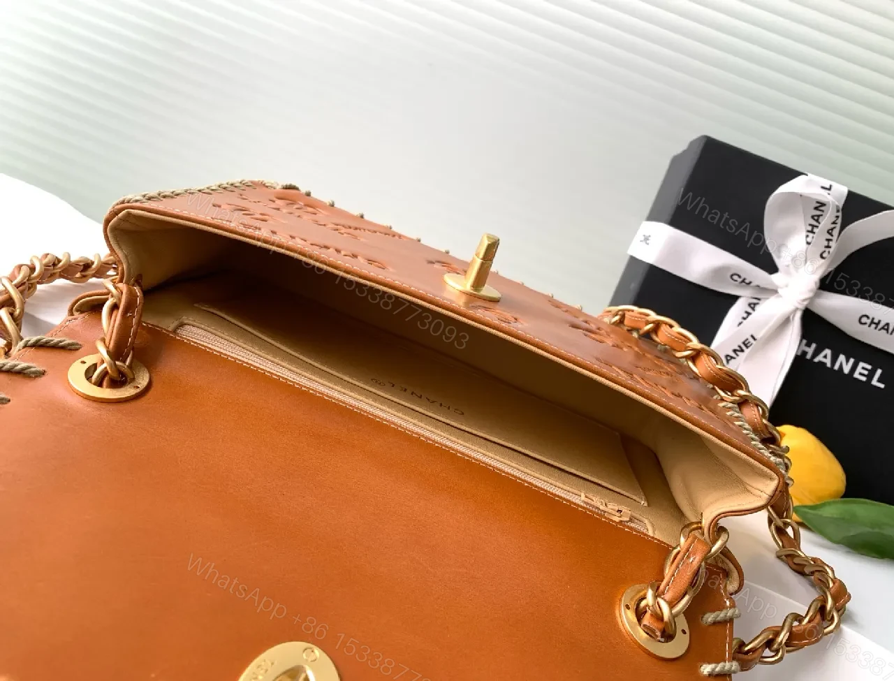 View 8 of Tan Leather Monogram Crossbody with Gold Hardware, Chic Compact Style