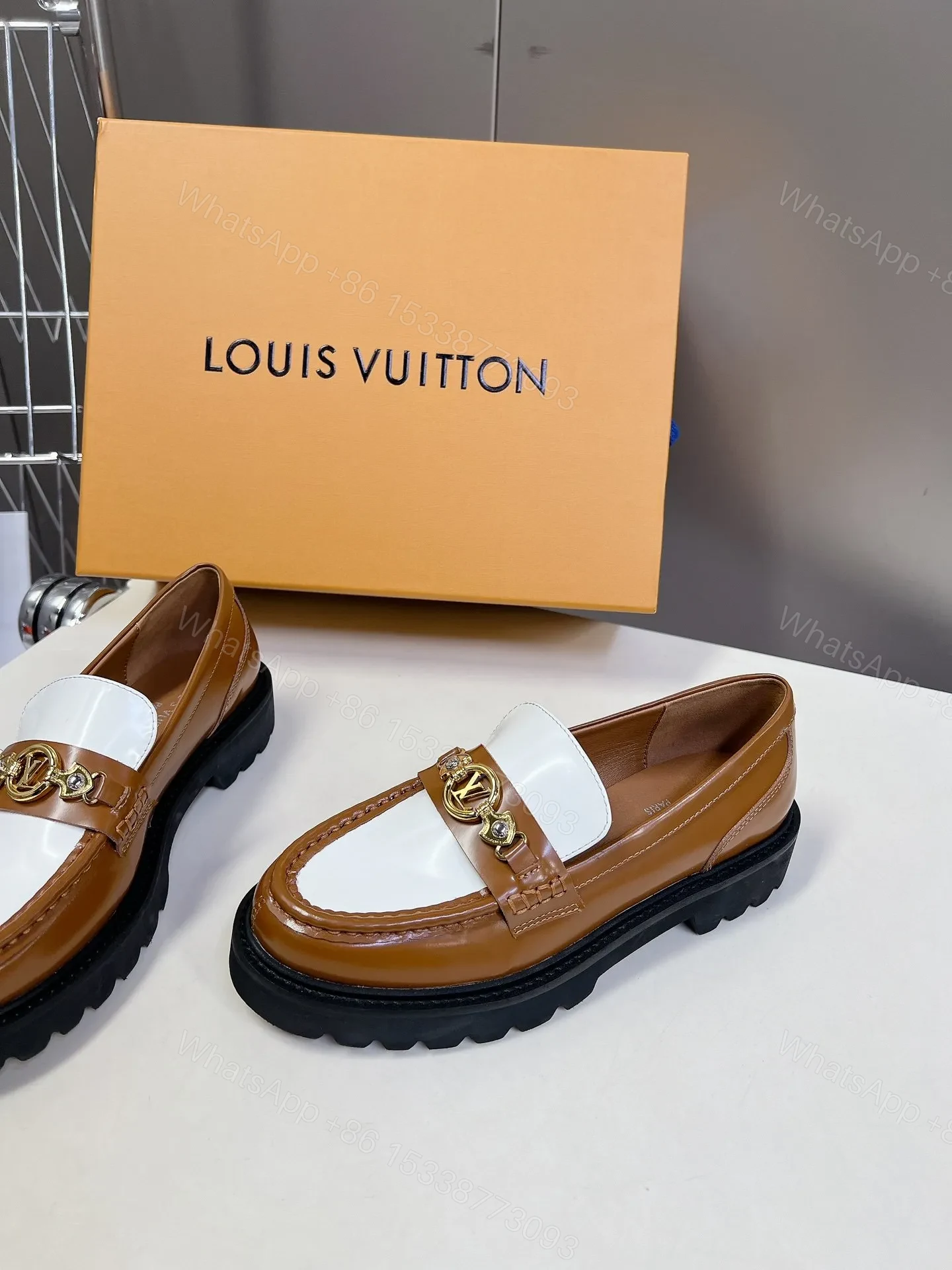 View 4 of LV Women Brown White Leather Loafers