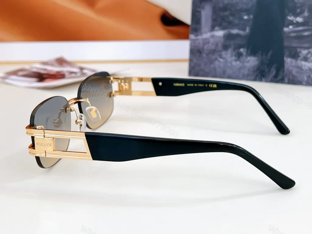 View 4 of Metallic Rose-Gold Rimless Sunglasses - Versace-Style Luxury