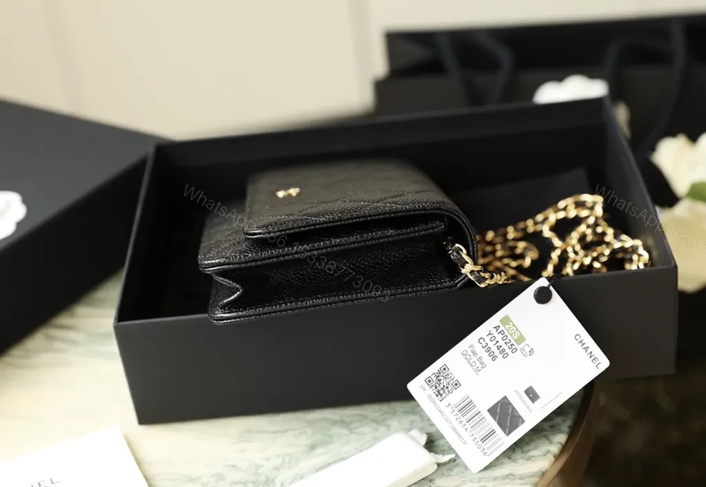 View 7 of Premium Quilted Wallet: Gold Logo, Caviar Leather, Compact Luxury