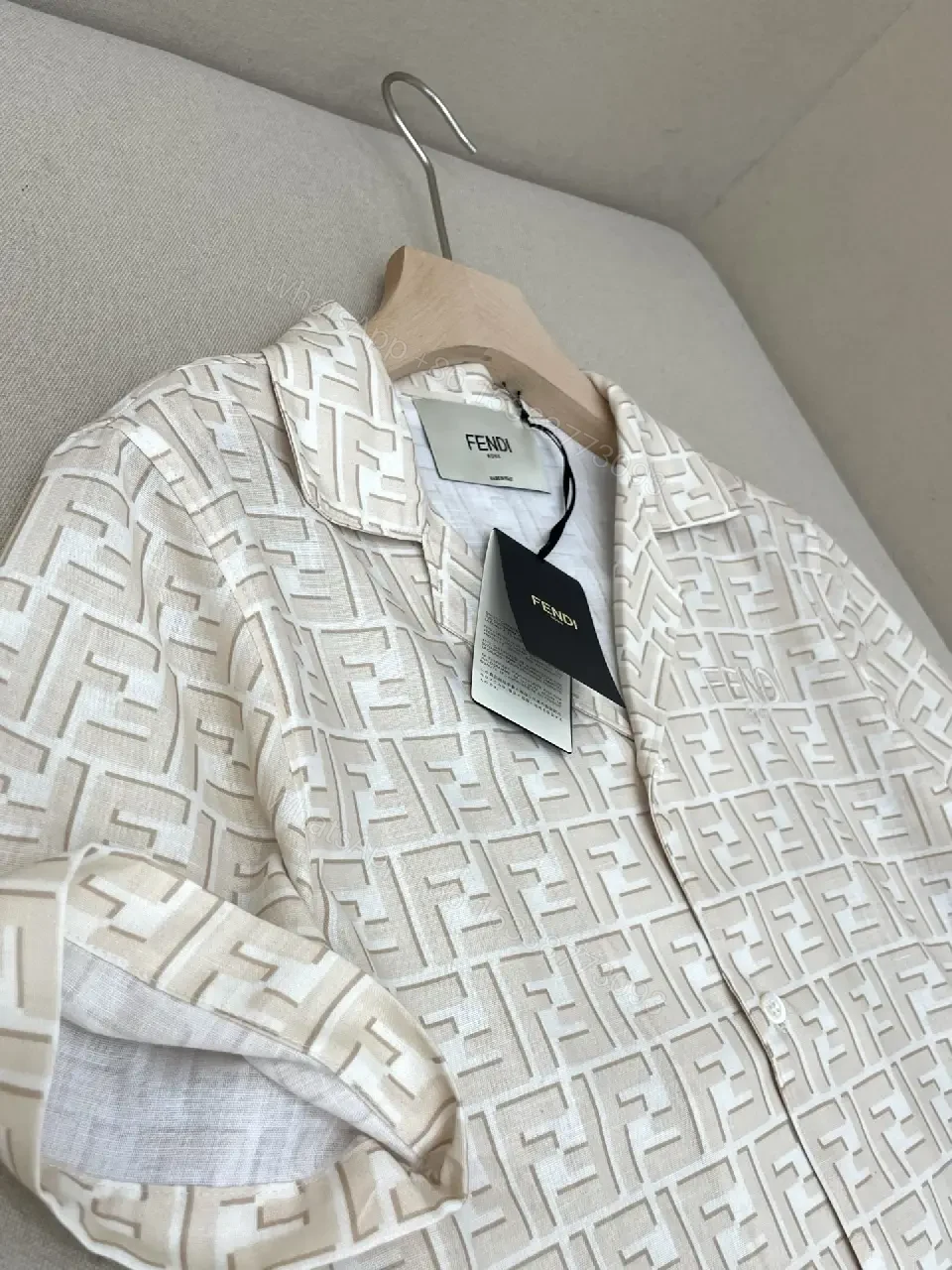 View 2 of Off-White/Cream Short-Sleeve Button-Up Shirt, Embossed Logo Pattern