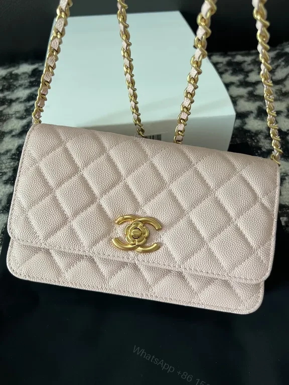 View 7 of Chic Quilted Blush Pebbled Leather Bag with Gold Logo - Shoulder Style
