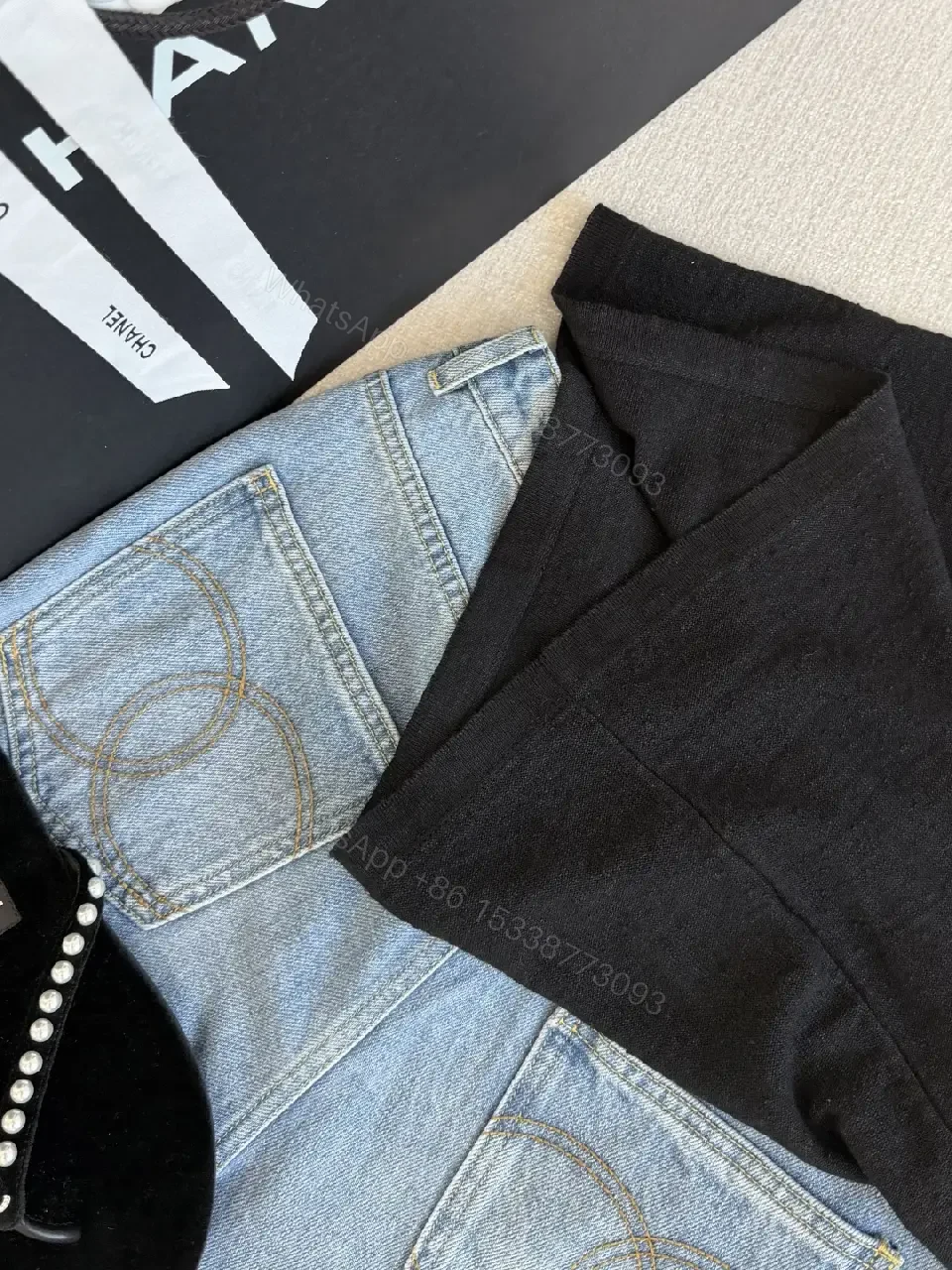 View 8 of Black Top with White Trim Sleeveless Camisole - Chanel Logo Detail