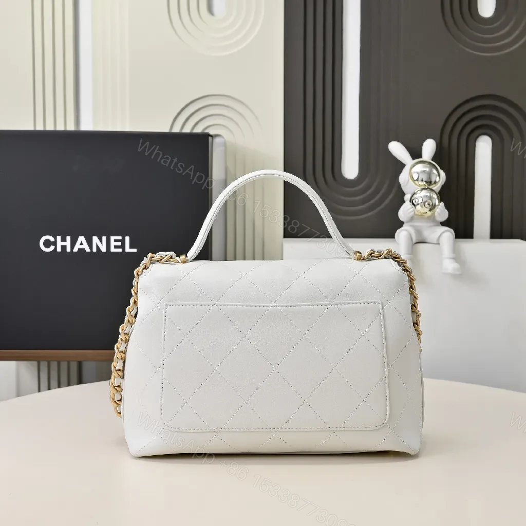 View 4 of White Quilted Flap Bag, Gold Clasp, Chain-Interlace Carrying Style, Luxury LivingBag