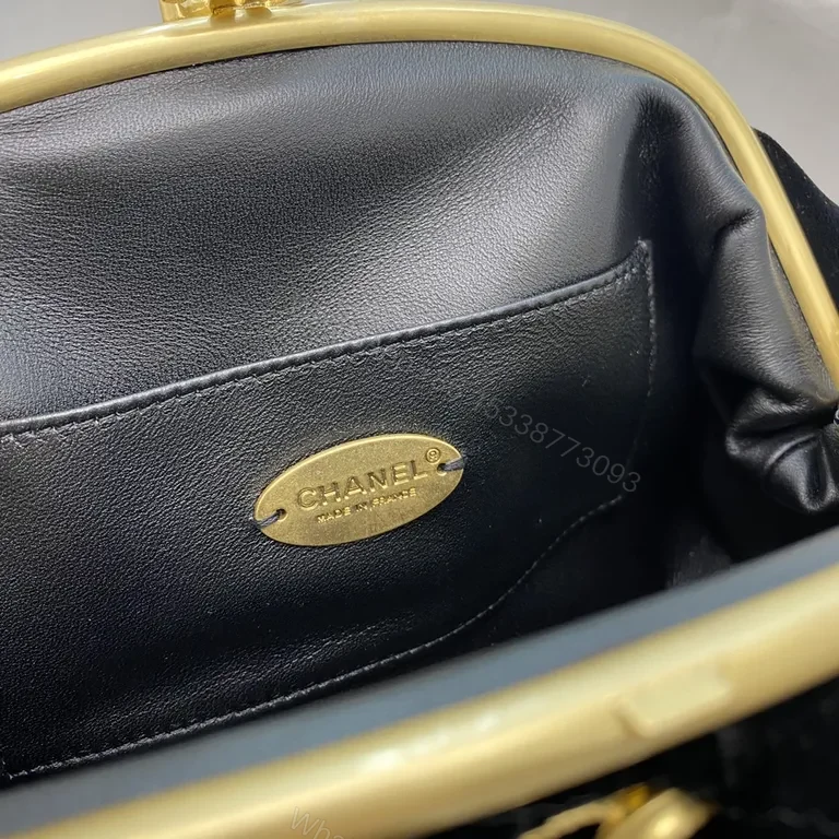 View 3 of Black Velvet Lounge Bag with Goldâ€“Silver Hardware Bag