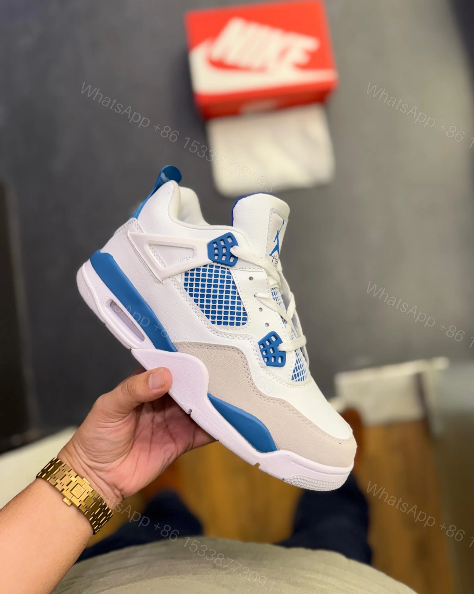 View 9 of FIRST COPY AIR JORDANS RETRO 4 MILITARY BLUE SHOES FOR MEN