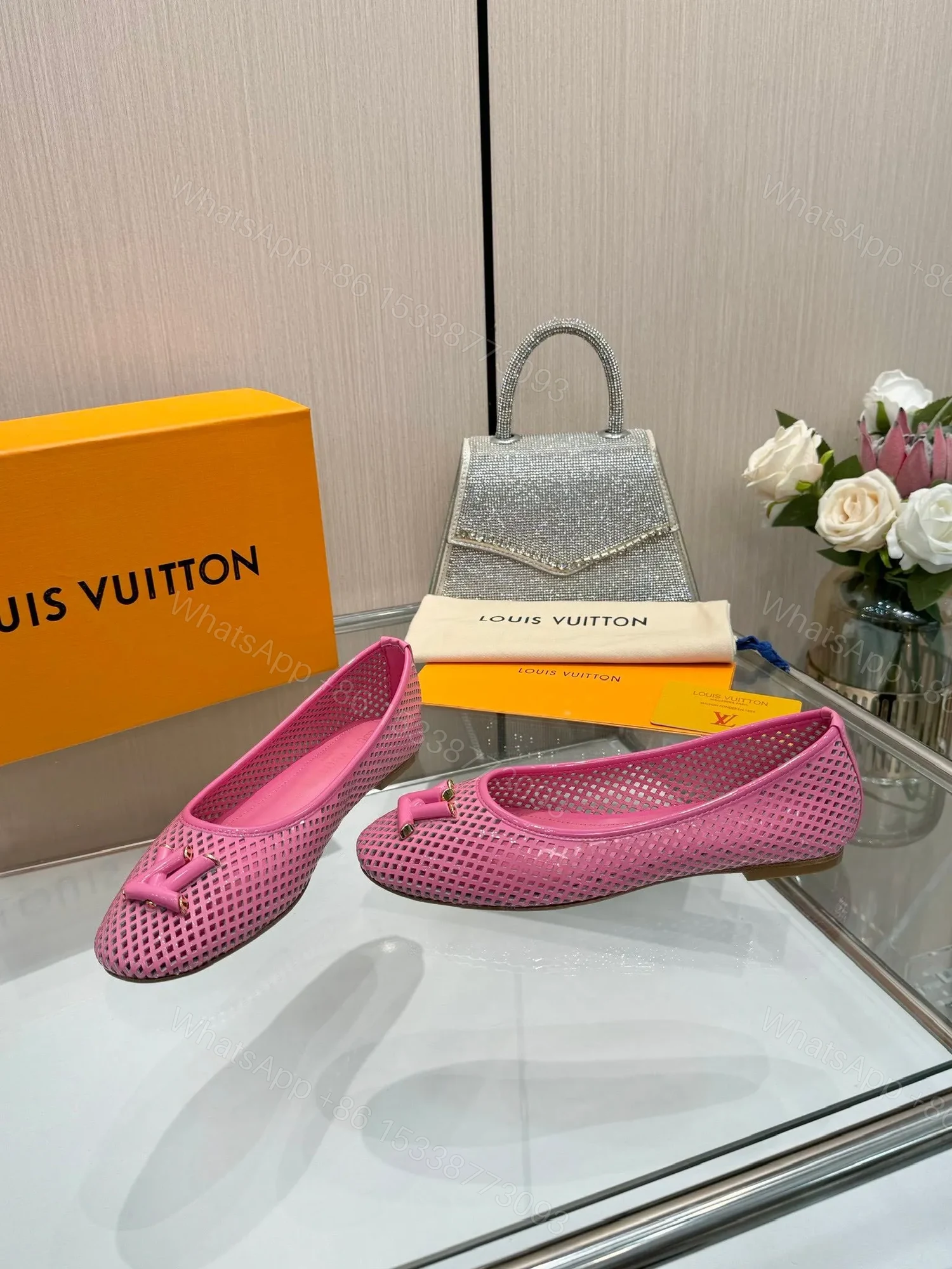 View 4 of LV Women Pink Mesh Leather Ballet Flats