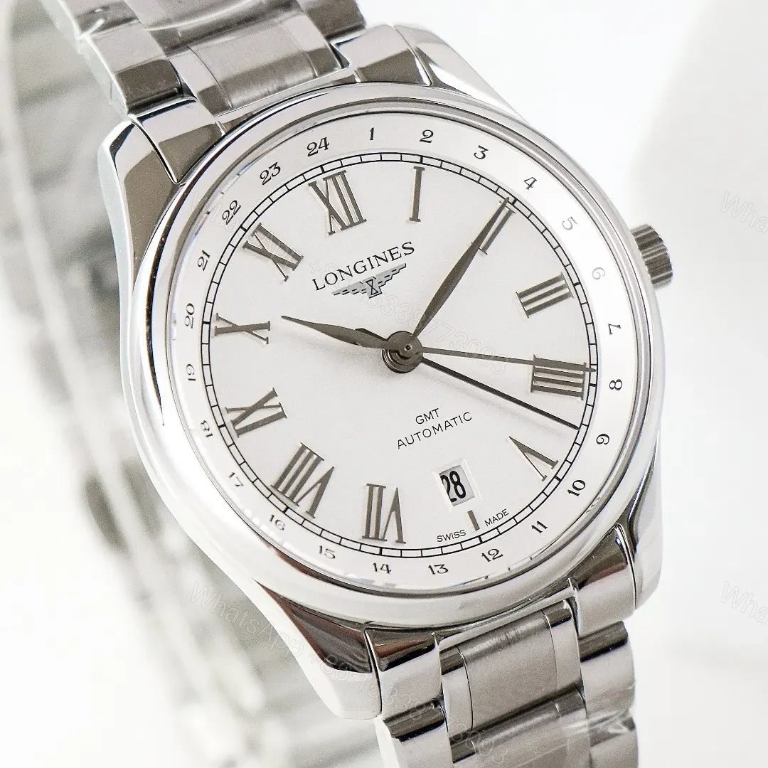 View 2 of Longines Master Collection Classic Re Edition GMT Watch White Dial Stainless Steel Bracelet 40mm Case Sapphire Crystal Italian Leather Strap Option