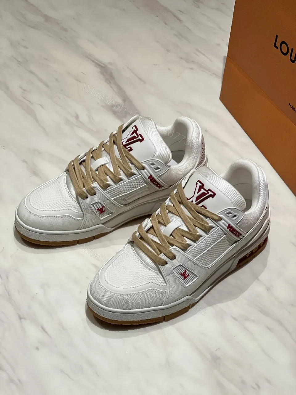View 3 of Off-White-Style White Leather Sneakers with LV Detailing, Low-Top