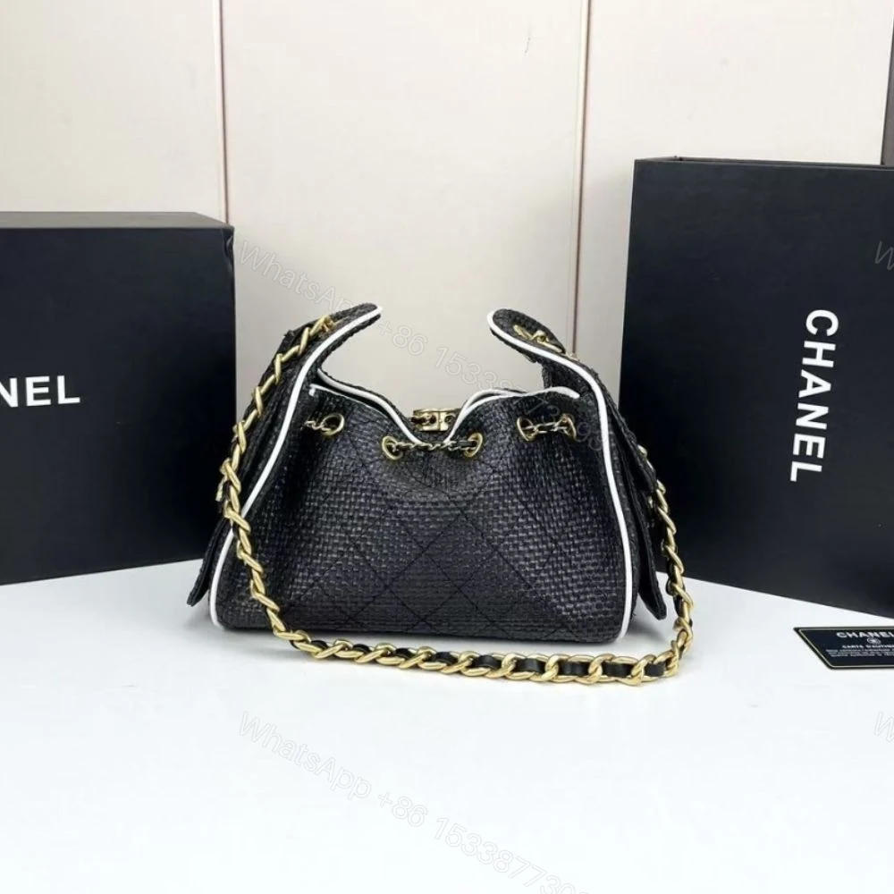 View 5 of Chanel 25 Small Handbag Braided Raffia Black And White 20Cm