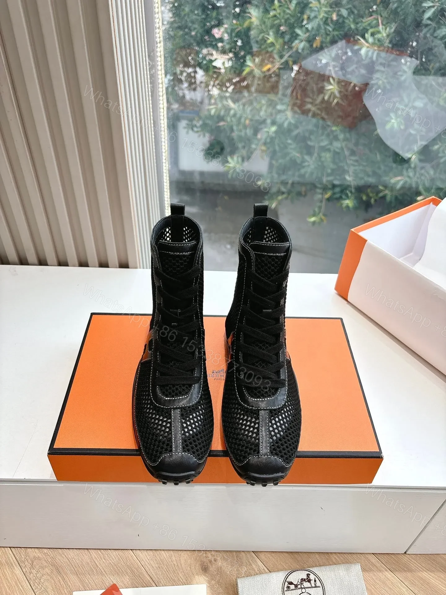 Hermes Women Black Mesh And Leather Boots — view 1