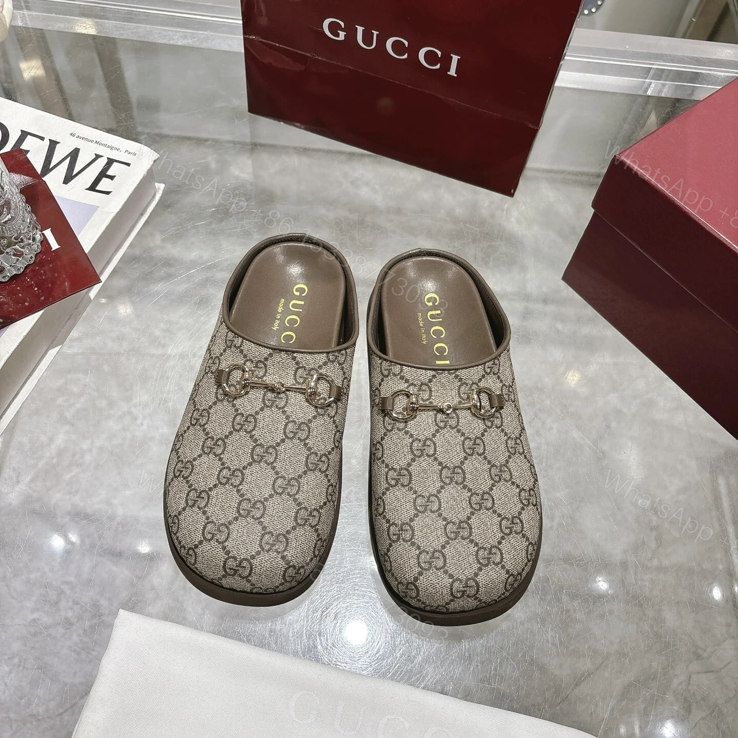 View 2 of GUCCI WOMEN MULE WITH HORSEBIT CAMEL AND DARK BROWN GG CANVAS 837130 FAB10 2543