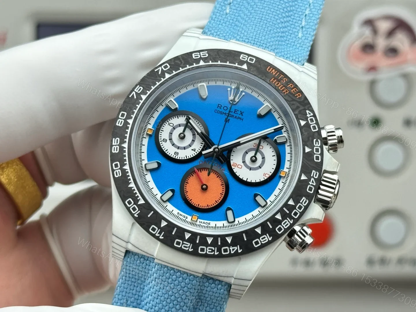View 5 of Rolex Daytona Carbon Fiber Blue Replica 40MM Premium Black Bezel Blue Fabric Strap R74-BLUE