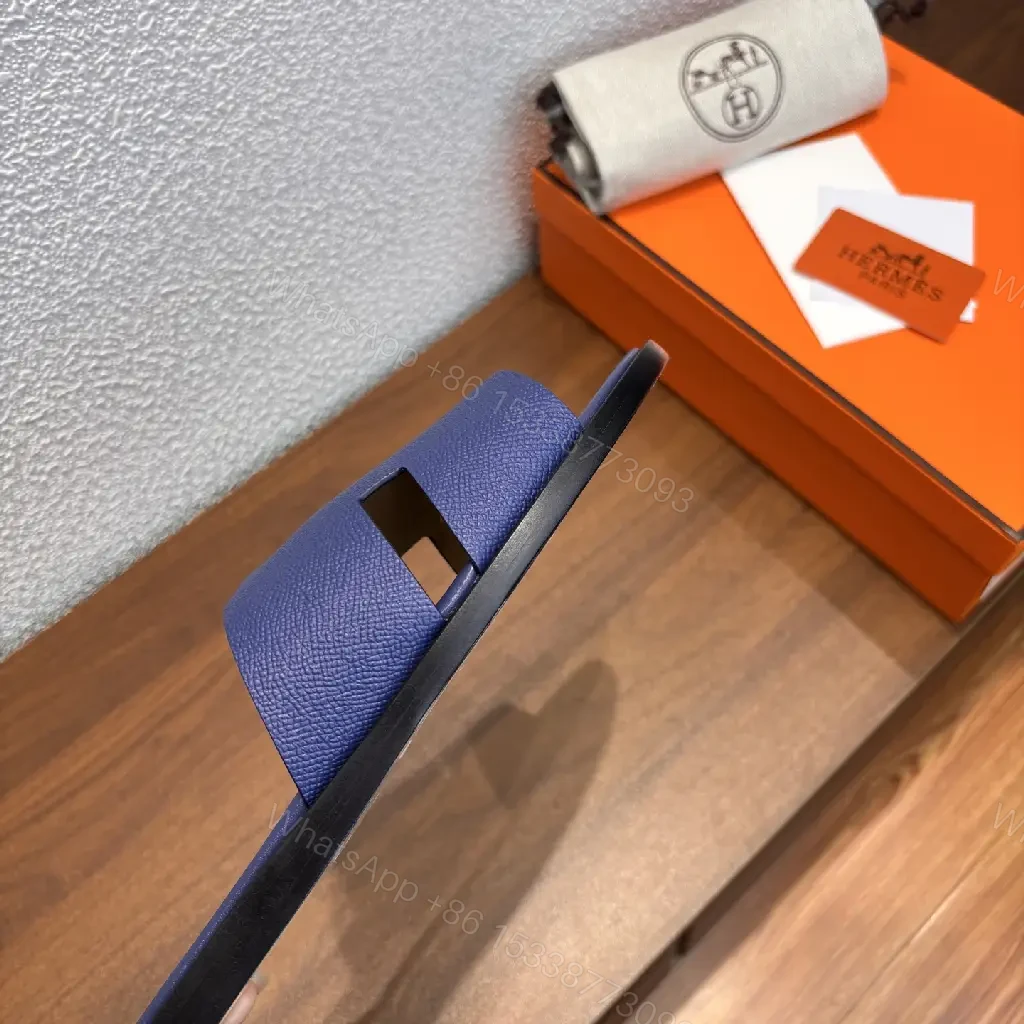 View 6 of Navy Leather Slide Sandals - Minimalist Comfort - Hermes Style (60 chars)