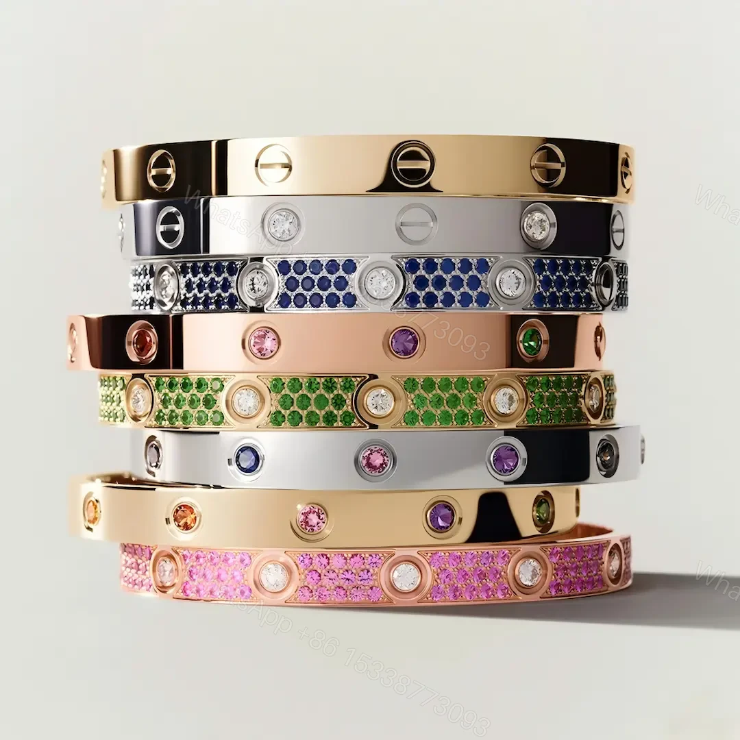 View 10 of New Cartier Love Bracelet with Pink Blue Sapphire Green Tsavorite Diamonds