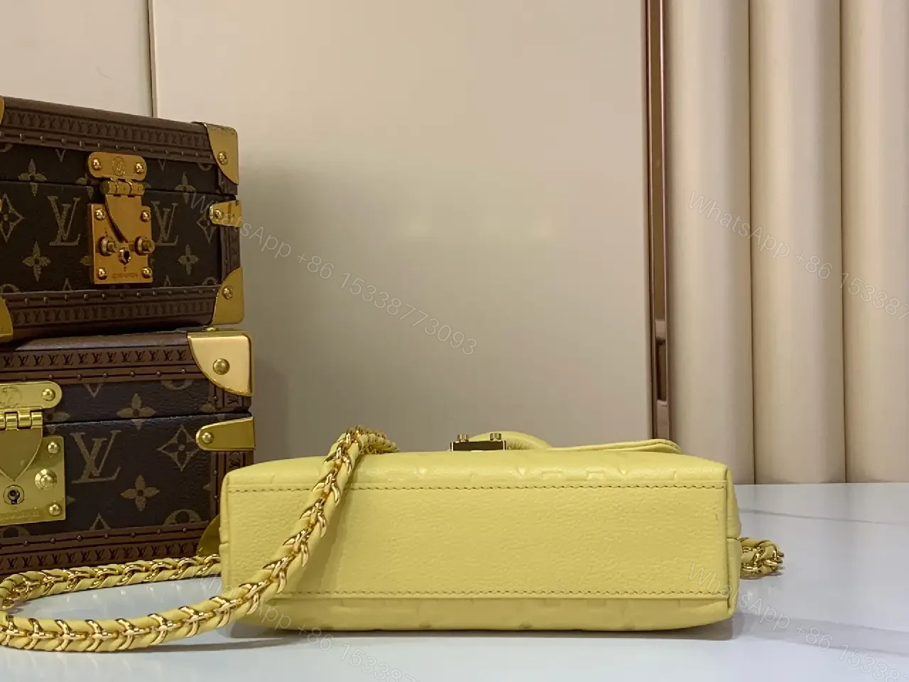 View 3 of Pale Yellow Embossed Satchel: Lux Vintage Top-Handle Bag